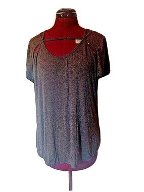 ETHEREAL Top Gray Women’s Size Large Knit Short Sleeve Caged Neckline Blouse